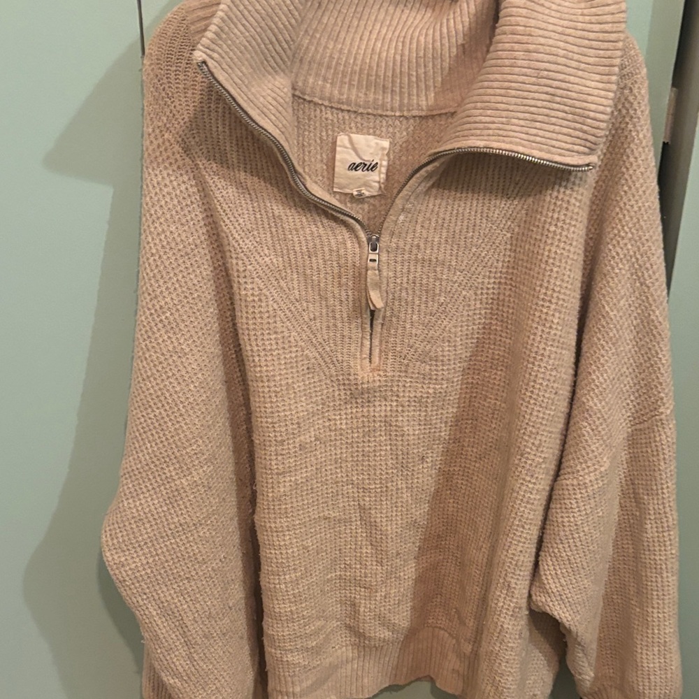 Aerie Taupe Ribbed Half-Zip Pullover